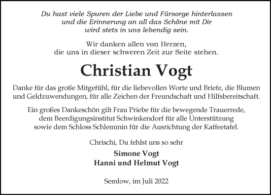 Traueranzeige von Christian Vogt von Ostsee-Zeitung GmbH
