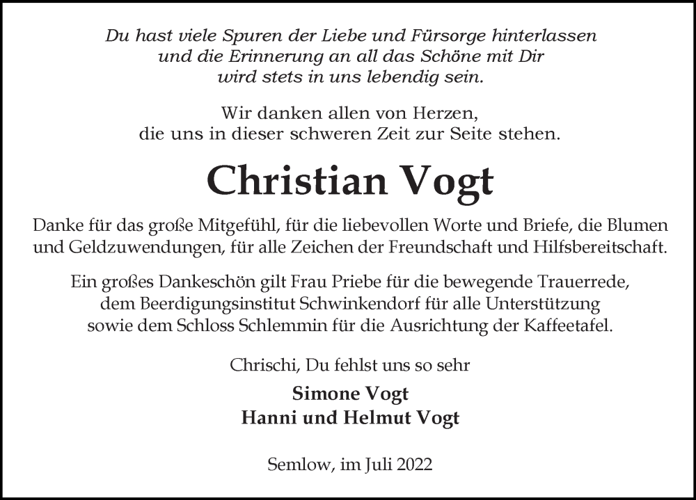  Traueranzeige für Christian Vogt vom 23.07.2022 aus Ostsee-Zeitung GmbH