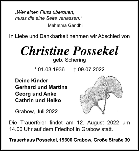 Traueranzeige von Christine Possekel von Ostsee-Zeitung GmbH