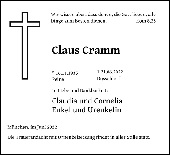 Traueranzeige von Claus Cramm von Peiner Allgemeine Zeitung