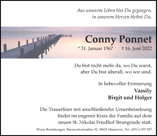 Traueranzeige von Conny Ponnet von Hannoversche Allgemeine Zeitung/Neue Presse