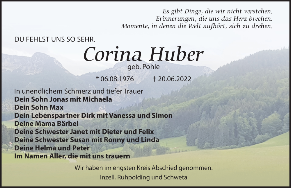  Traueranzeige für Corina Huber vom 02.07.2022 aus Leipziger Volkszeitung