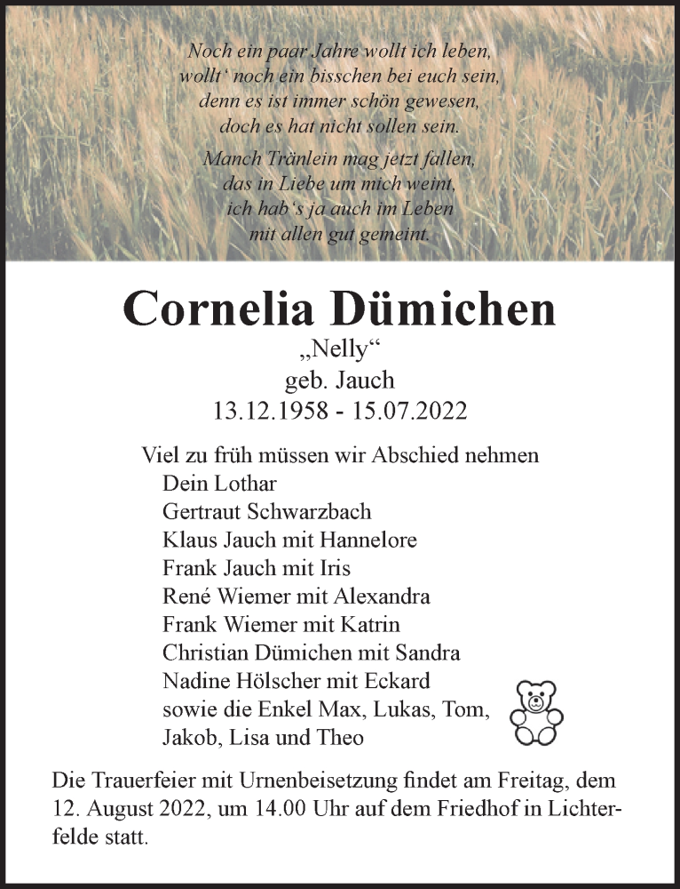  Traueranzeige für Cornelia Dümichen vom 30.07.2022 aus Märkischen Allgemeine Zeitung