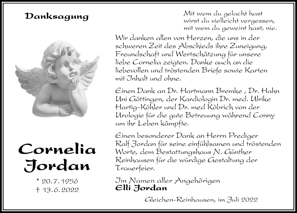  Traueranzeige für Cornelia Jordan vom 09.07.2022 aus Göttinger Tageblatt