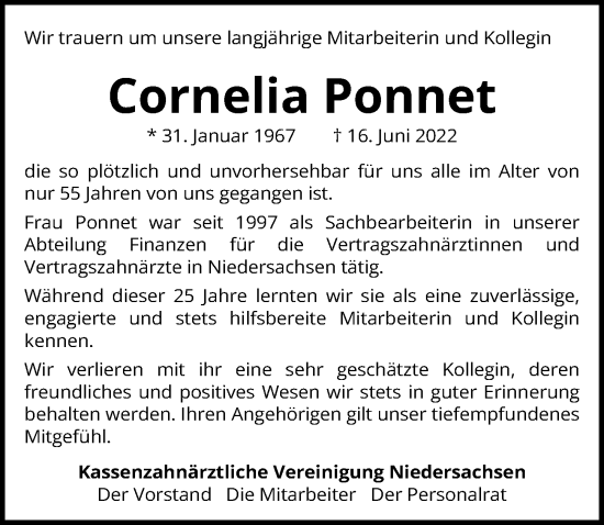 Traueranzeige von Cornelia Ponnet von Hannoversche Allgemeine Zeitung/Neue Presse