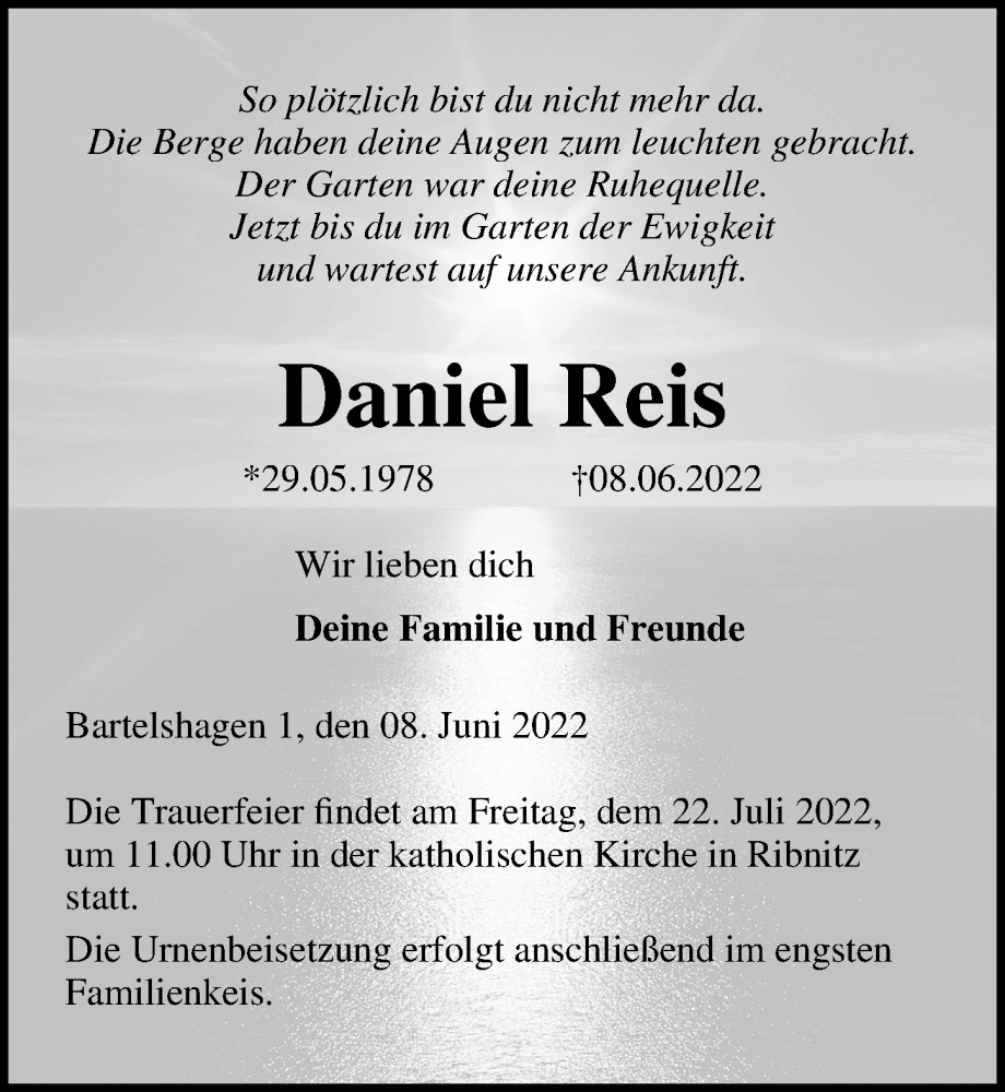  Traueranzeige für Daniel Reis vom 09.07.2022 aus Ostsee-Zeitung GmbH