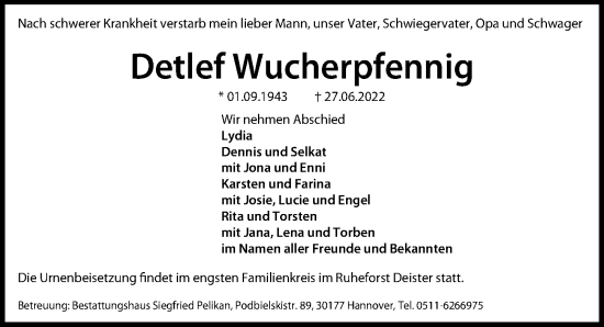 Traueranzeige von Detlef Wucherpfennig von Hannoversche Allgemeine Zeitung/Neue Presse