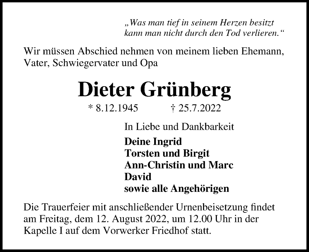  Traueranzeige für Dieter Grünberg vom 31.07.2022 aus Lübecker Nachrichten