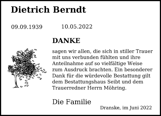 Traueranzeige von Dietrich Berndt von Ostsee-Zeitung GmbH