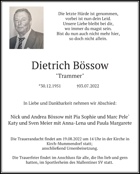 Traueranzeige von Dietrich Bössow von Ostsee-Zeitung GmbH