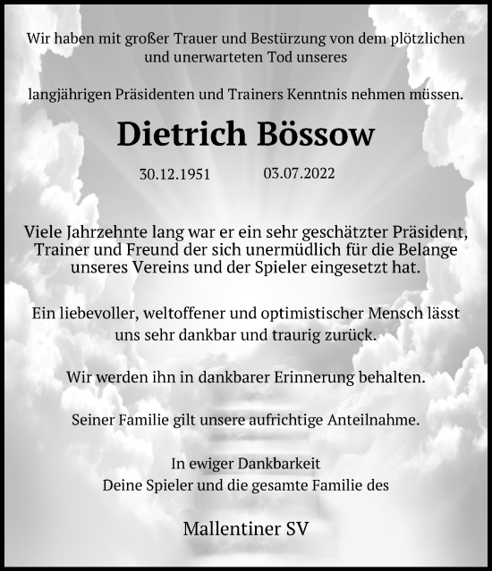 Traueranzeige von Dietrich Bössow von Ostsee-Zeitung GmbH