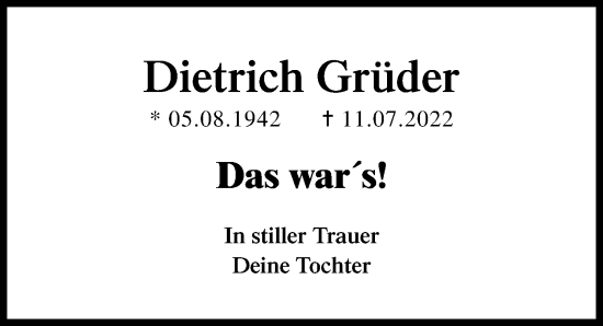 Traueranzeige von Dietrich Grüder von Ostsee-Zeitung GmbH