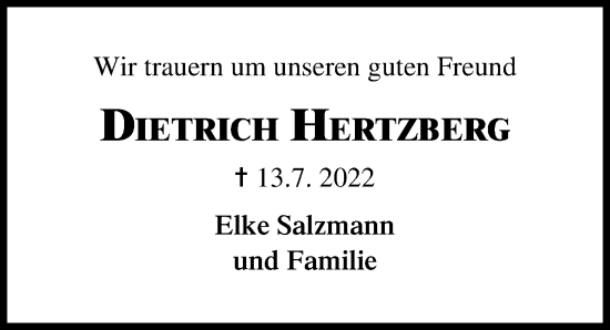 Traueranzeige von Dietrich Hertzberg von Lübecker Nachrichten