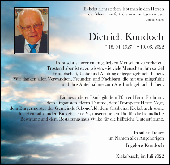 Traueranzeige von Dietrich Kundoch von Märkischen Allgemeine Zeitung