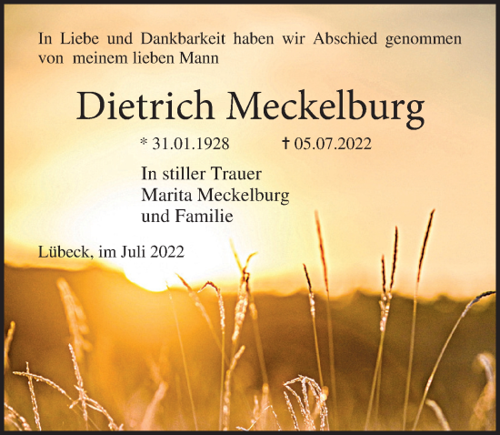 Traueranzeige von Dietrich Meckelburg von Lübecker Nachrichten