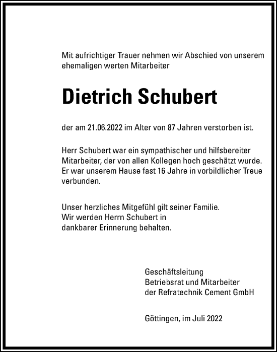 Traueranzeige von Dietrich Schubert von Göttinger Tageblatt