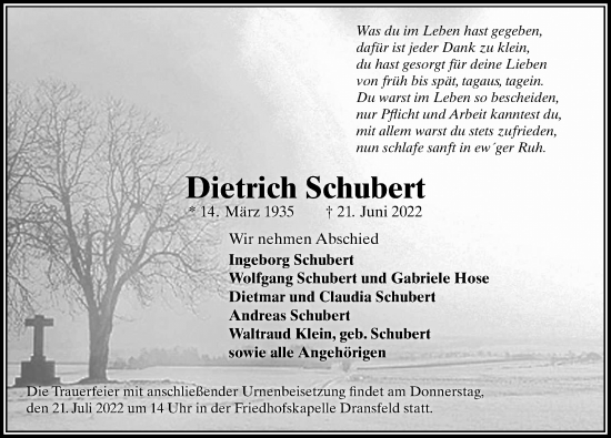 Traueranzeige von Dietrich Schubert von Göttinger Tageblatt