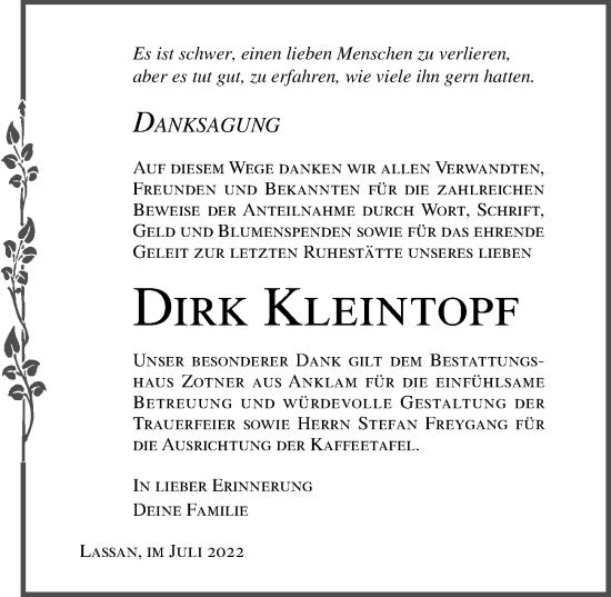 Traueranzeige von Dirk Kleintopf von Ostsee-Zeitung GmbH