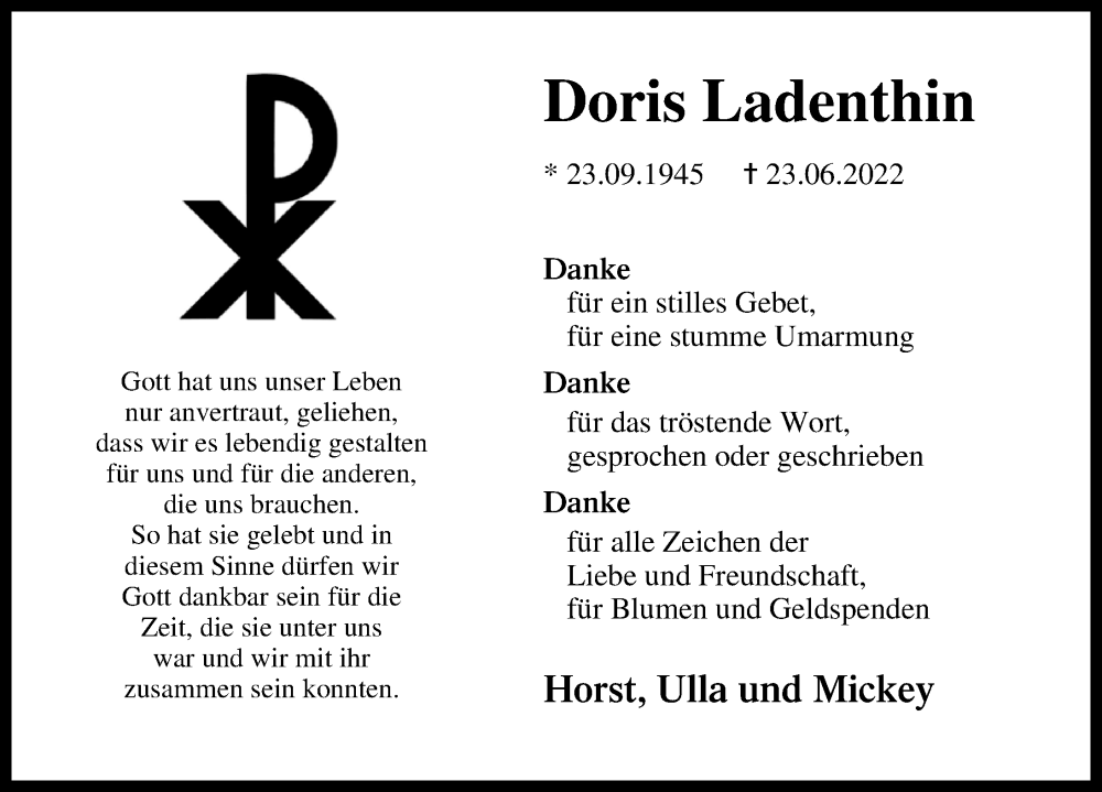  Traueranzeige für Doris Ladenthin vom 09.07.2022 aus Märkischen Allgemeine Zeitung