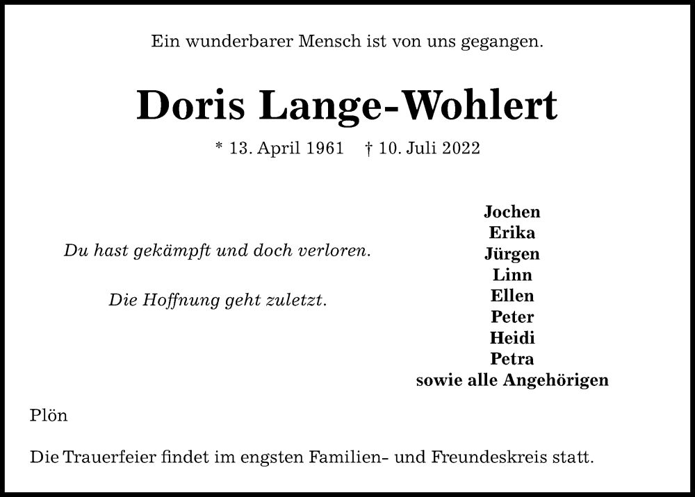  Traueranzeige für Doris Lange-Wohlert vom 16.07.2022 aus Kieler Nachrichten