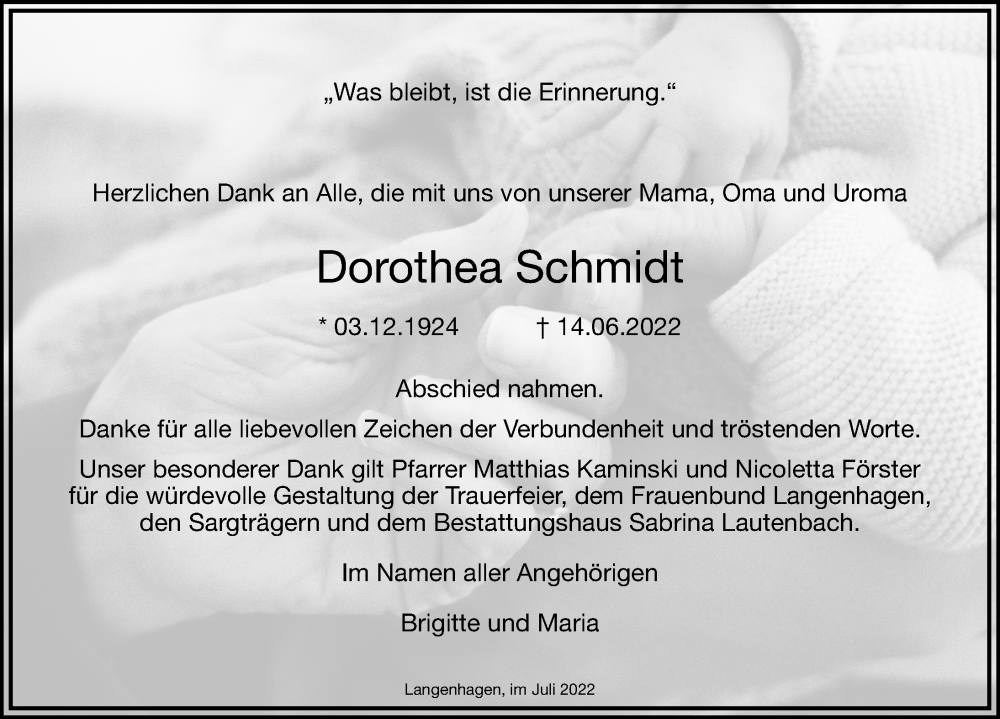  Traueranzeige für Dorothea Schmidt vom 02.07.2022 aus Eichsfelder Tageblatt