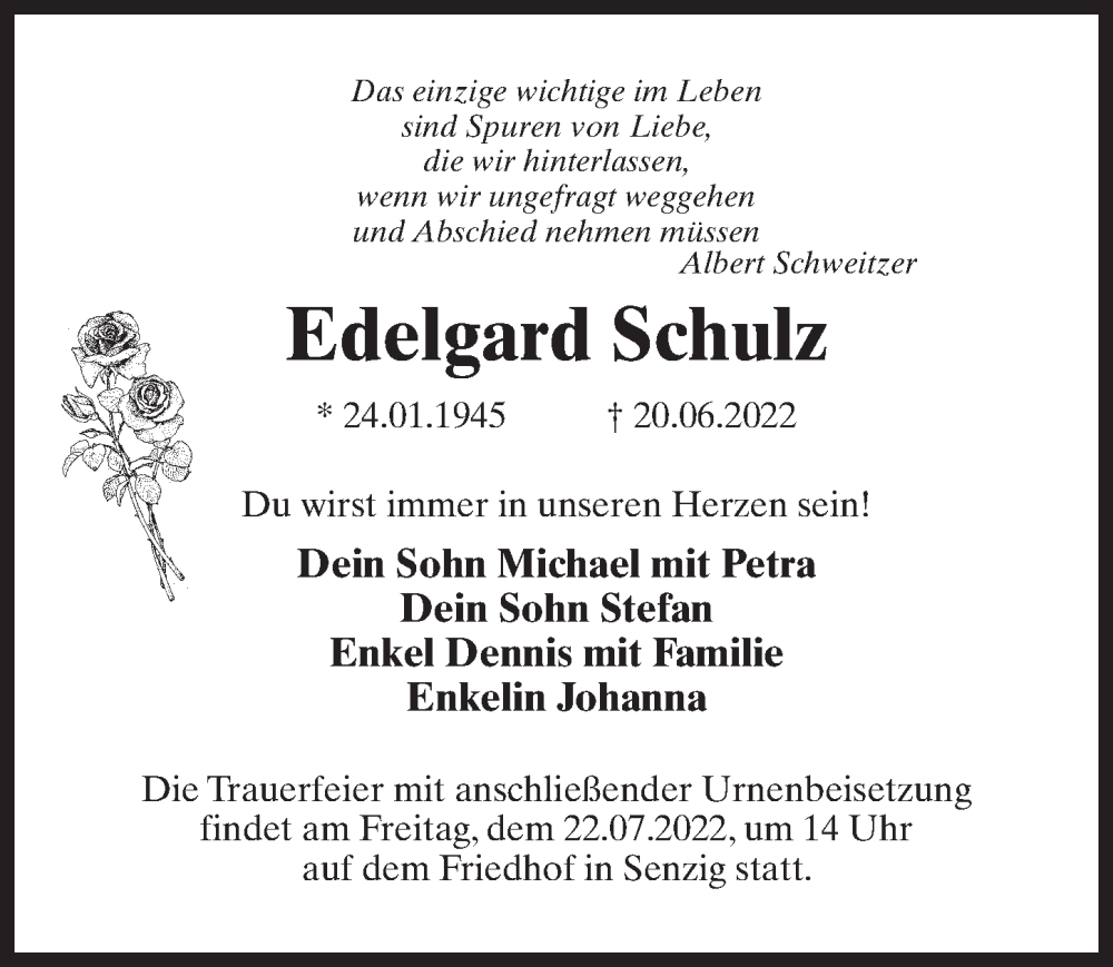  Traueranzeige für Edelgard Schulz vom 02.07.2022 aus Märkischen Allgemeine Zeitung