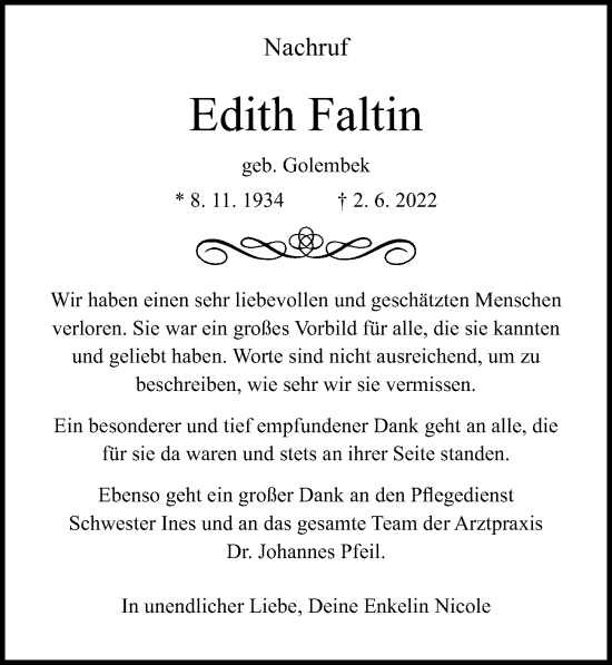 Traueranzeige von Edith Faltin von Ostsee-Zeitung GmbH