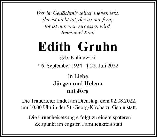 Traueranzeige von Edith Gruhn von Lübecker Nachrichten