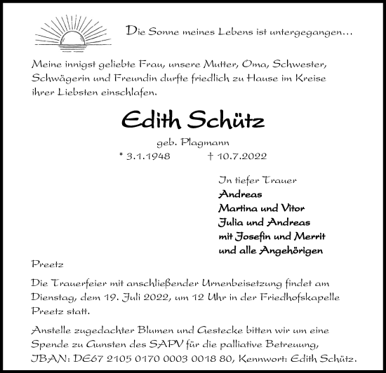 Traueranzeige von Edith Schütz von Kieler Nachrichten