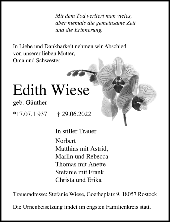 Traueranzeige von Edith Wiese von Ostsee-Zeitung GmbH