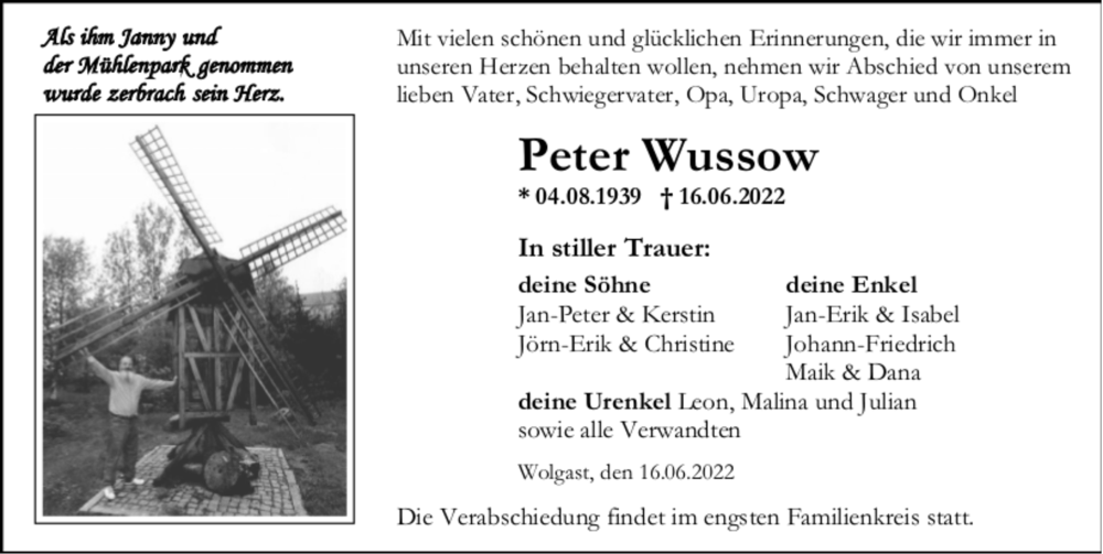  Traueranzeige für Peter Wussow vom 18.06.2022 aus Ostsee-Zeitung GmbH