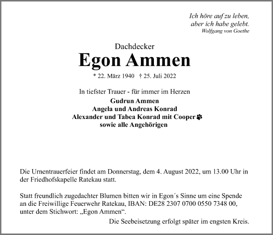Traueranzeige von Egon Ammen von Lübecker Nachrichten