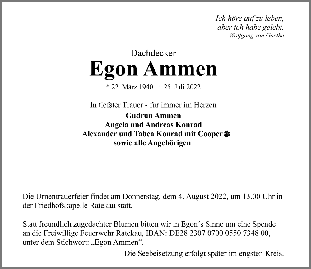  Traueranzeige für Egon Ammen vom 31.07.2022 aus Lübecker Nachrichten