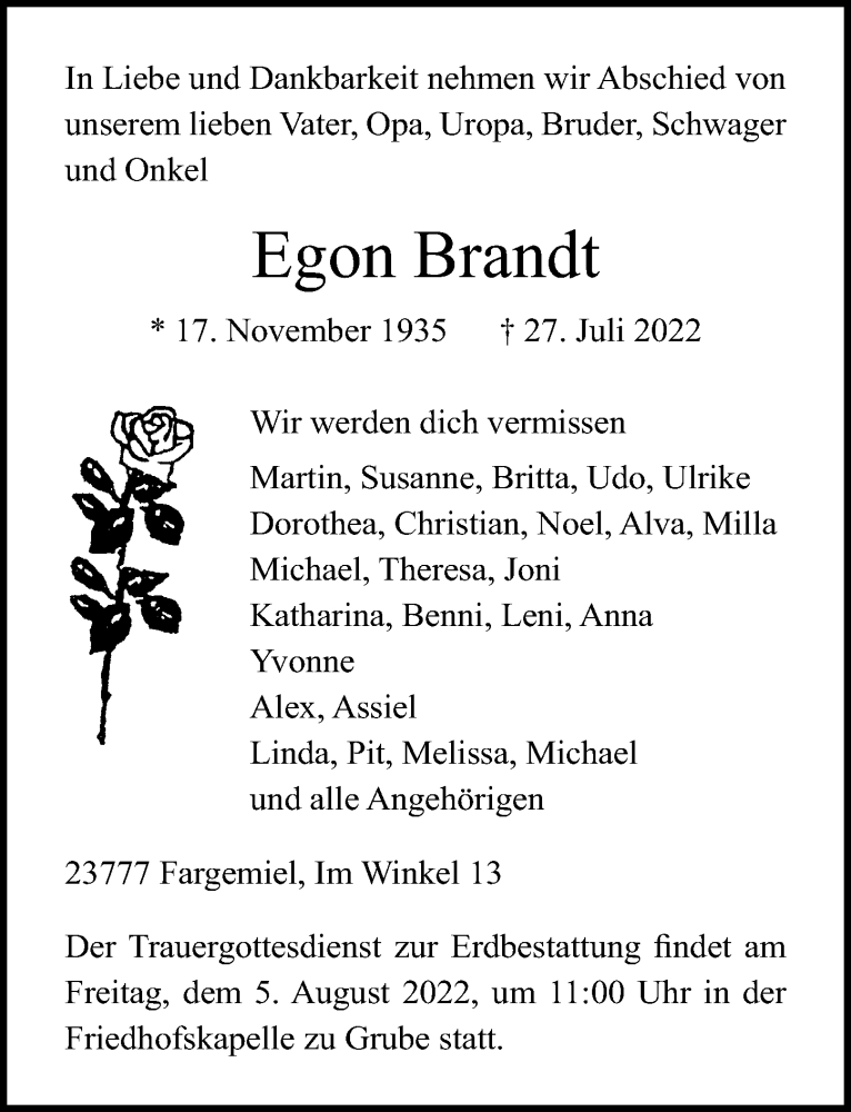  Traueranzeige für Egon Brandt vom 30.07.2022 aus Lübecker Nachrichten