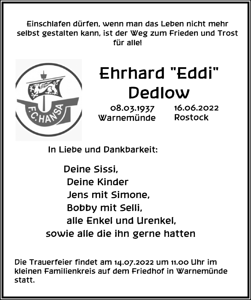  Traueranzeige für Ehrhard Dedlow vom 02.07.2022 aus Ostsee-Zeitung GmbH