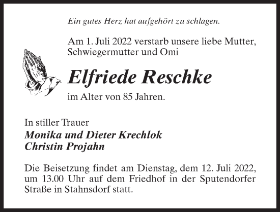 Traueranzeige von Elfriede Reschke von Märkischen Allgemeine Zeitung