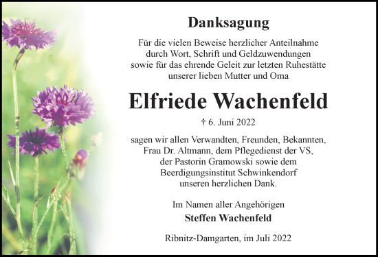 Traueranzeige von Elfriede Wachenfeld von Ostsee-Zeitung GmbH