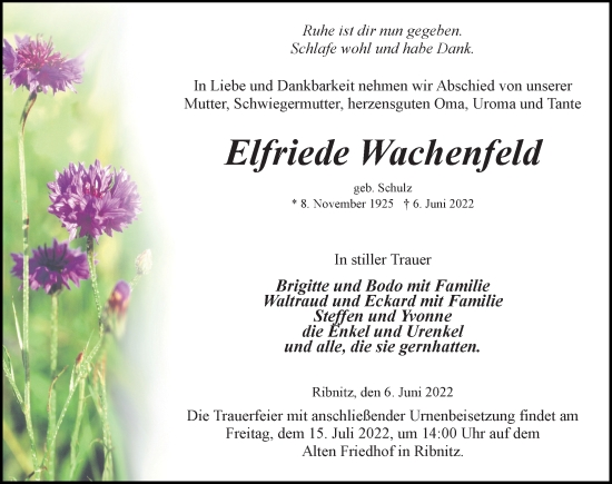 Traueranzeige von Elfriede Wachenfeld von Ostsee-Zeitung GmbH