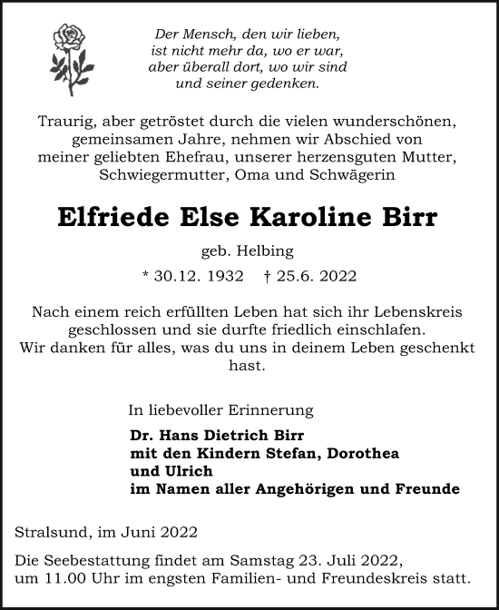 Traueranzeige von Elfriede Else Karoline Birr von Ostsee-Zeitung GmbH