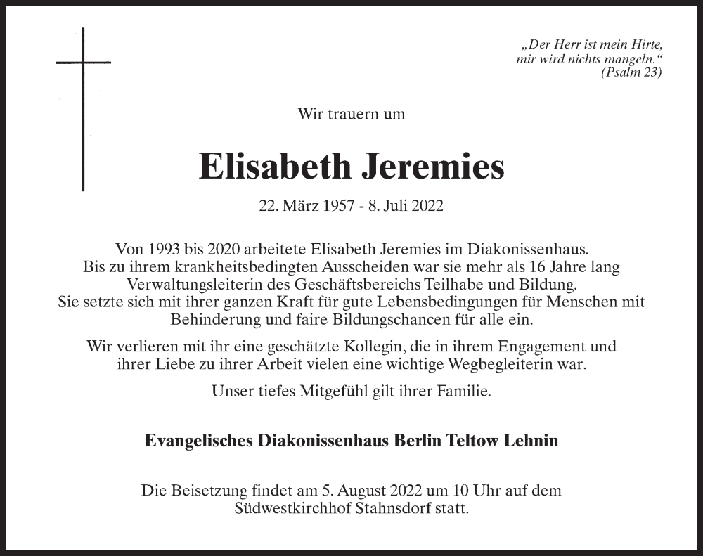  Traueranzeige für Elisabeth Jeremies vom 16.07.2022 aus Märkischen Allgemeine Zeitung