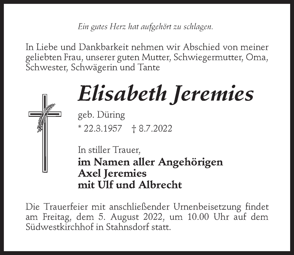  Traueranzeige für Elisabeth Jeremies vom 23.07.2022 aus Märkischen Allgemeine Zeitung