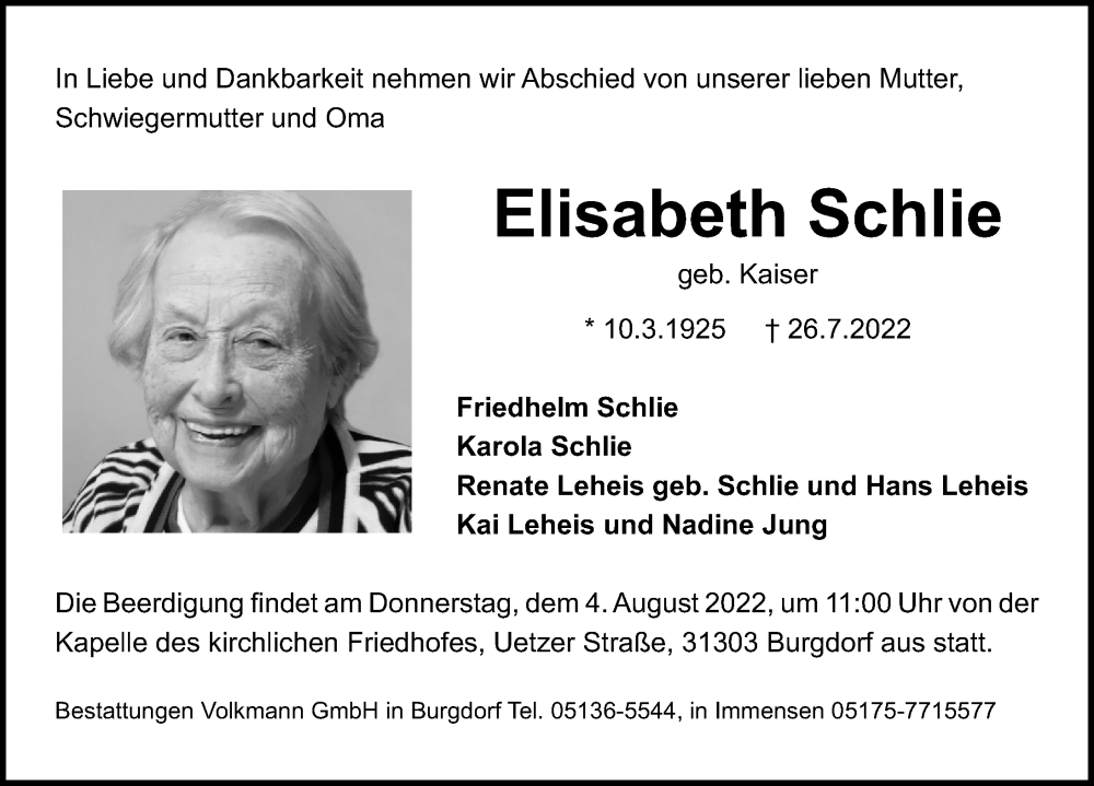  Traueranzeige für Elisabeth Schlie vom 30.07.2022 aus Hannoversche Allgemeine Zeitung/Neue Presse