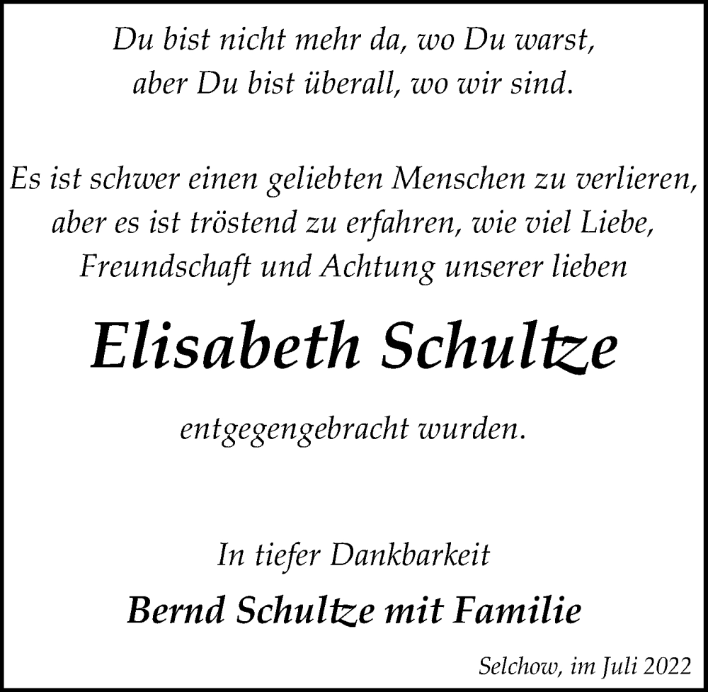  Traueranzeige für Elisabeth Schultze vom 09.07.2022 aus Märkischen Allgemeine Zeitung