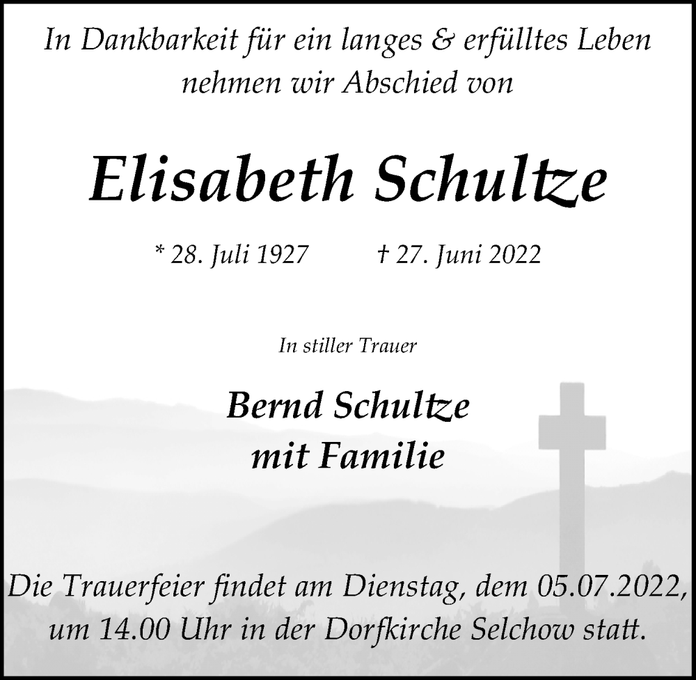  Traueranzeige für Elisabeth Schultze vom 02.07.2022 aus Märkischen Allgemeine Zeitung