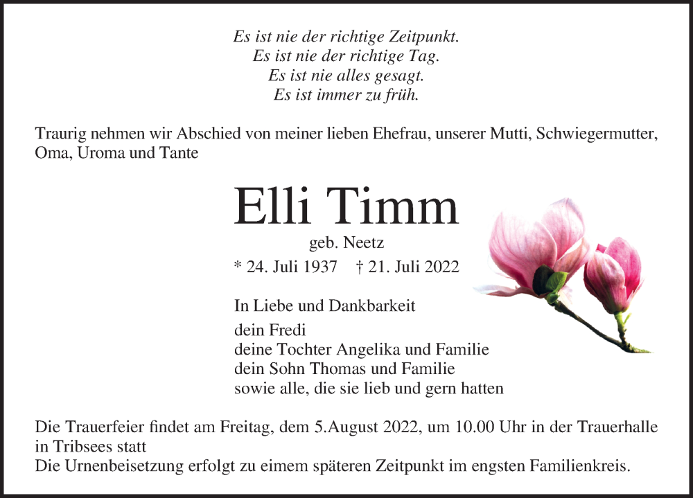  Traueranzeige für Elli Timm vom 28.07.2022 aus Ostsee-Zeitung GmbH