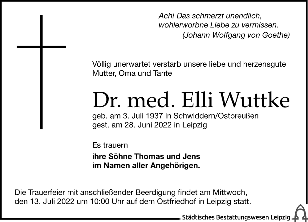  Traueranzeige für Elli Wuttke vom 02.07.2022 aus Leipziger Volkszeitung