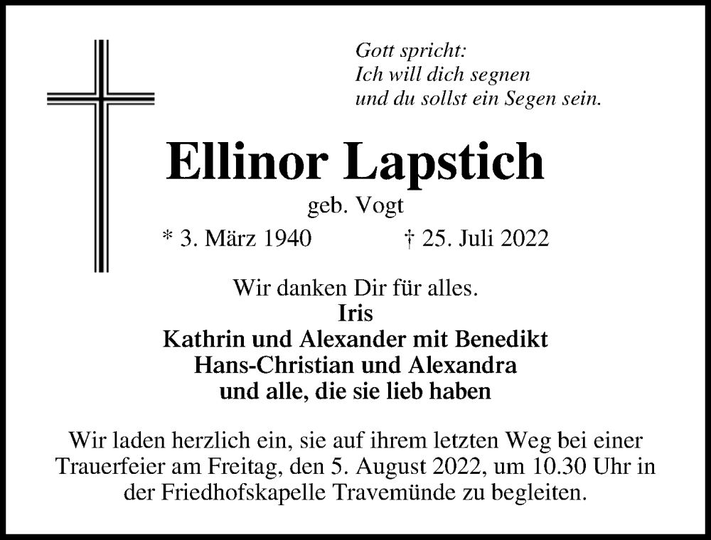  Traueranzeige für Ellinor Lapstich vom 31.07.2022 aus Lübecker Nachrichten