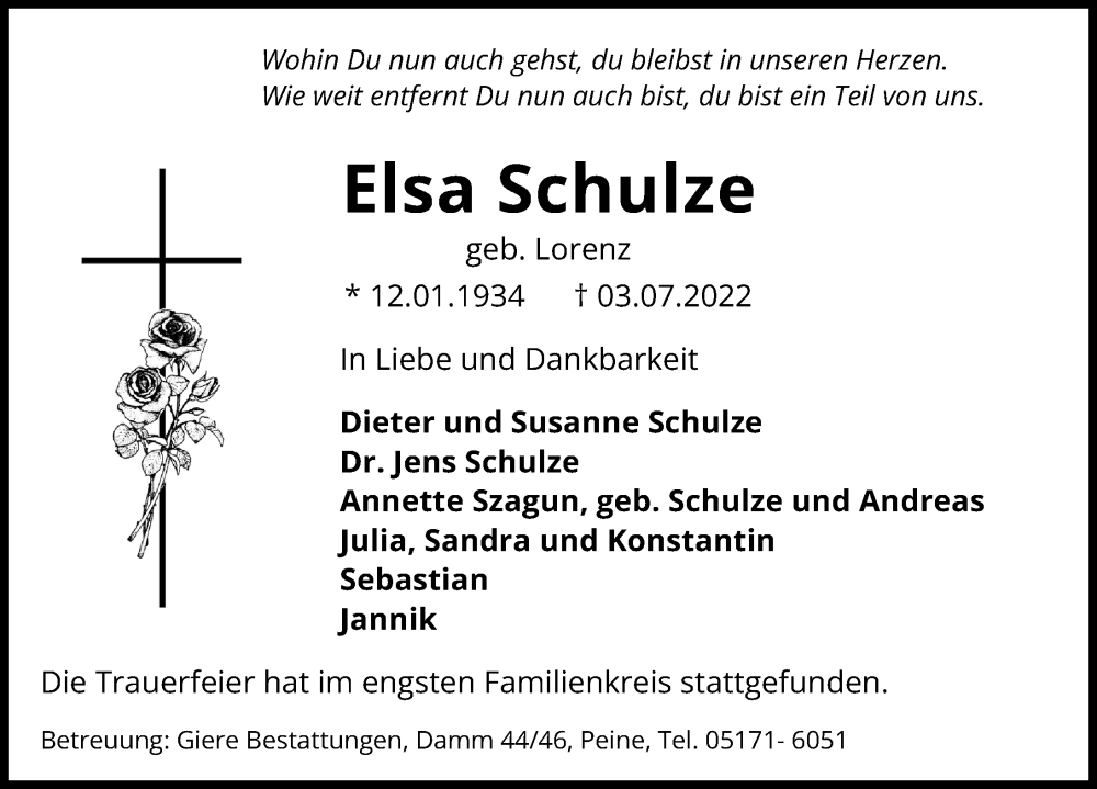  Traueranzeige für Elsa Schulze vom 09.07.2022 aus Peiner Allgemeine Zeitung