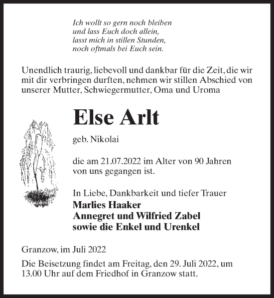 Traueranzeige von Else Arlt von Märkischen Allgemeine Zeitung