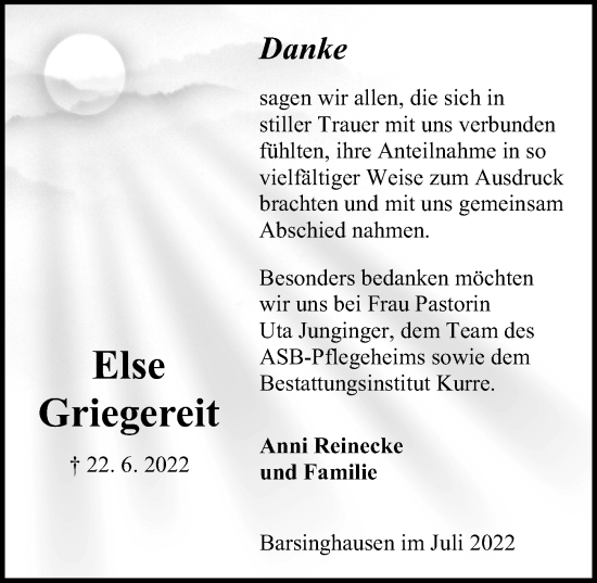 Traueranzeige von Else Griegereit von Hannoversche Allgemeine Zeitung/Neue Presse